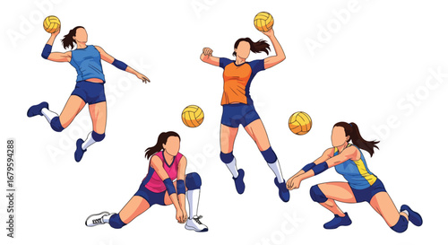 Set of female volleyball players performing actions such as serving, digging, setting, and passing, representing teamwork, competition, and athletic performance in sports training and matches