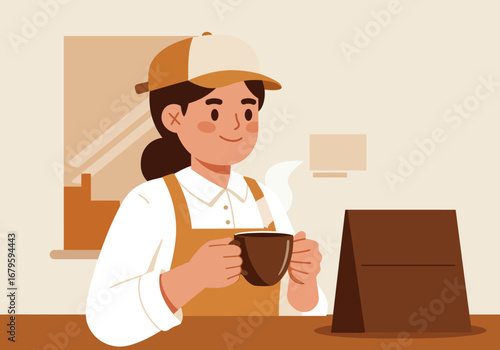 Barista Holding Coffee Cup in Cafe Illustration.