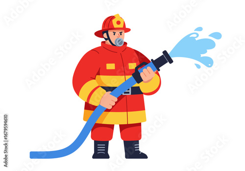 Firefighter in Action: Spraying Water with Hose Illustration.