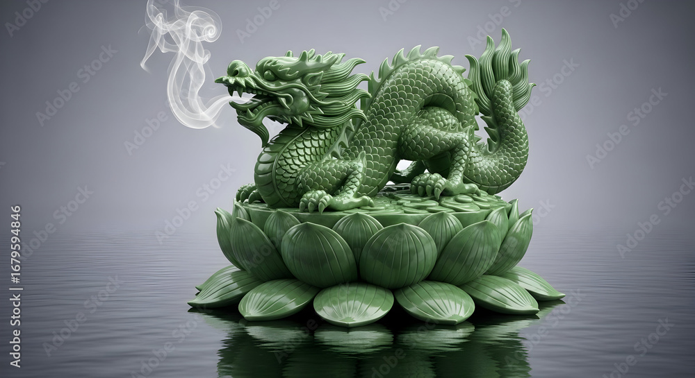 Obraz premium Green jade dragon incense burner on white background — ornamental mythic sculpture, Asian feng shui centerpiece, stylized smoking dragon