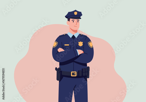 Police Officer Standing with Arms Crossed Illustration.