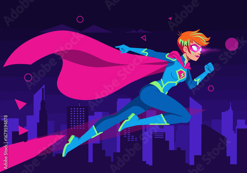 Soaring Superheroine in Dynamic Cityscape Illustration.