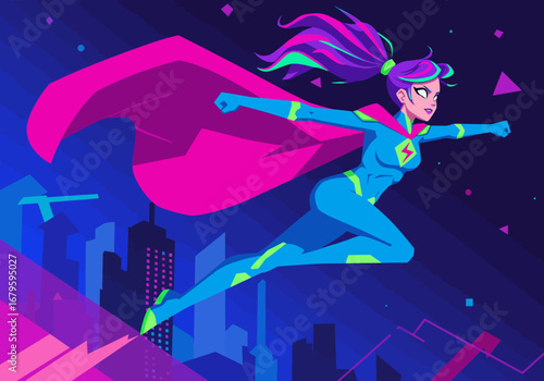 Superheroine Flying Above Futuristic City at Night.