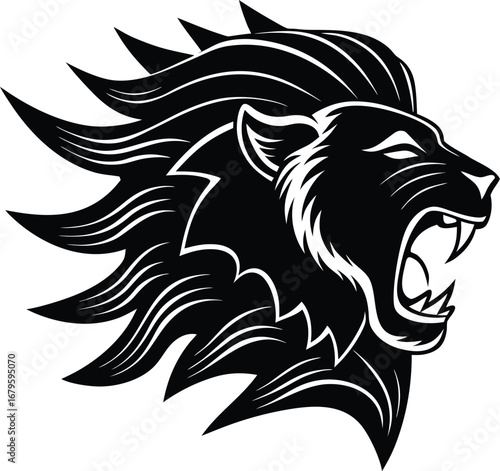 Vector art of roaring lion head in profile, a powerful and majestic black silhouette with a fierce expression and a flowing mane, symbolizing strength and courage
