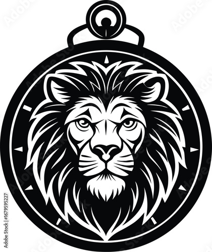 Vector art of circular emblem featuring a stylized lion face in black and white, with a detailed mane and piercing eyes, evoking royalty and leadership
