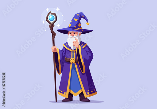 Illustration of a Wizard with Staff in Purple Robe.