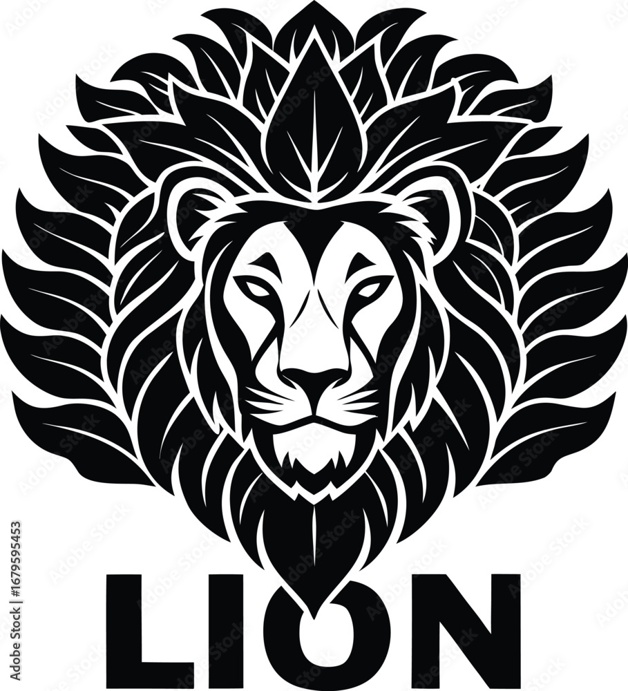Obraz premium Vector art of stylized lion head with a large, decorative mane resembling petals or leaves, accompanied by the word lion below, representing nature and strength