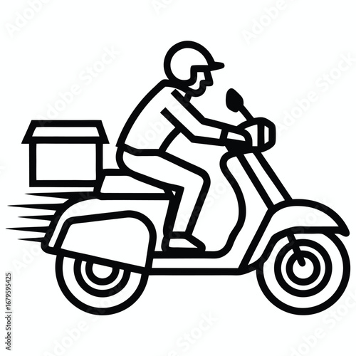 Stylized line art icon of a delivery person riding a scooter with a package on the back