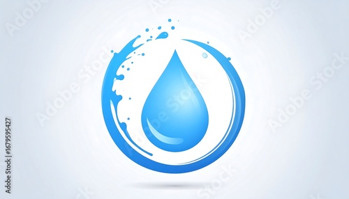 A stylized blue water drop graphic design, enclosed within a circular water splash effect
