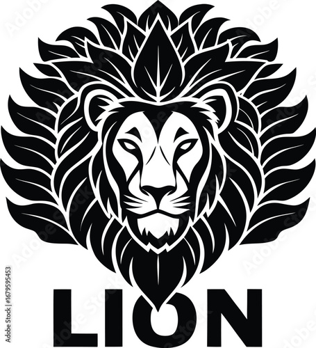 Vector art of stylized lion head with a large, decorative mane resembling petals or leaves, accompanied by the word lion below, representing nature and strength
