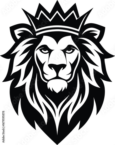 Vector art of regal lion wearing a crown, depicted with a detailed mane in a strong black and white graphic style, isolated on a, representing leadership