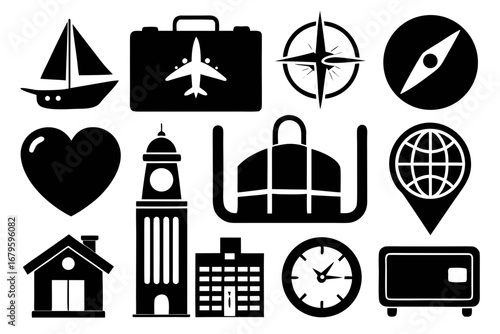 Simple Black Travel and Navigation Icons Vector Illustration