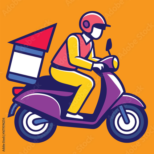 Friendly delivery person in helmet riding a purple scooter with a large insulated delivery box on the back