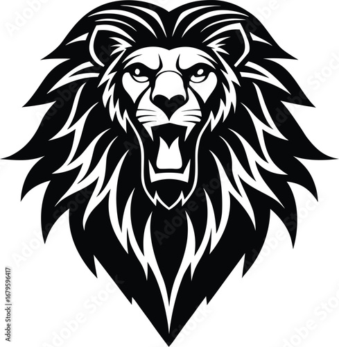 Vector art of fierce lion roaring with its mouth open, showcasing its power and wild nature, depicted as a striking black and white graphic illustration isolated on a