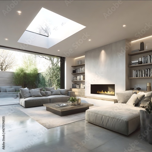 Minimalist living room with polished concrete floor flat roof with threepart modular rooflight modern British interior styling neutral tones highend finish.jp