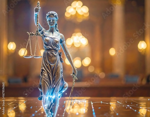 A metallic statue of justice, with illuminated details, stands on a reflective surface within a blurred interior setting.
