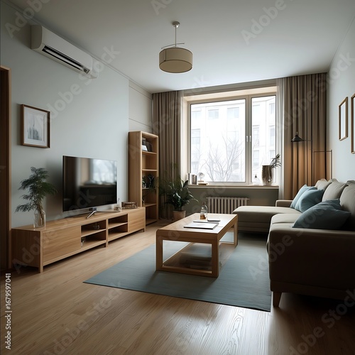 realistic apartment interior average modern living room clean and cozy basic furniture without decorations no plants or vases laminate flooring TV stand sofa