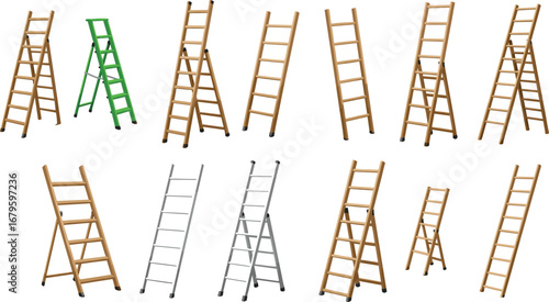 Realistic step ladder vector collection with wooden ladders, metal ladders, foldable ladders, construction tools, household equipment, isolated objects for work, and DIY projects