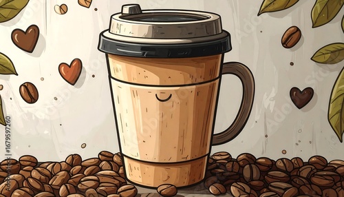 Cute coffee cup with beans and hearts