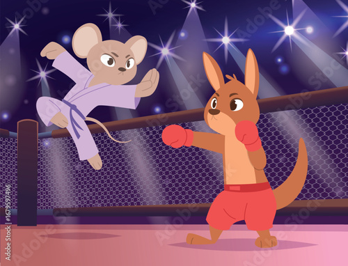 Animal fighting. sport arena fighting kangaroo VS mouse. cartoon background template