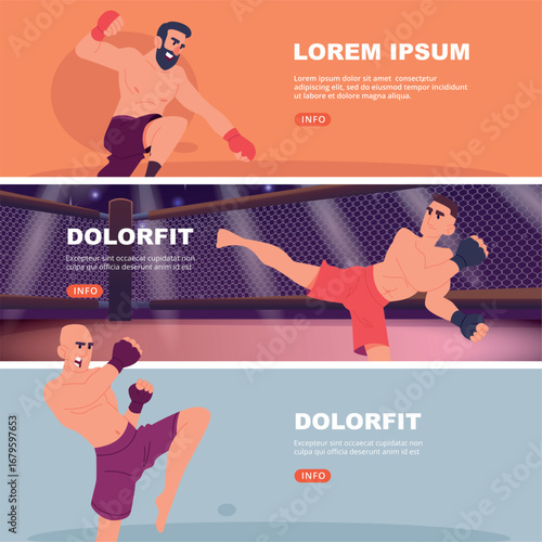 Martial arts fighters. aggressive sport characters male in action poses leg and fist punch. vector banners