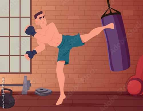 Martial arts training. aggressive man leg kicks sports bag in training room