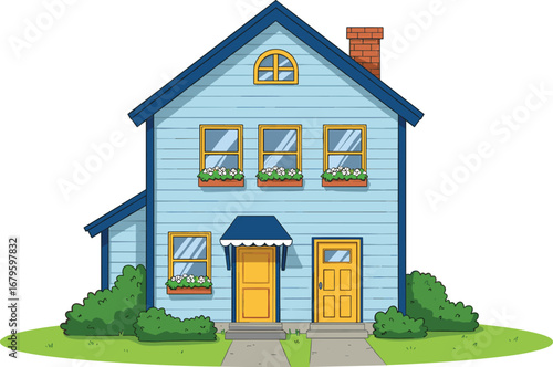 Beautiful suburban family house exterior illustration with yellow doors, blue walls, green garden, flower boxes, residential real estate architecture design vector