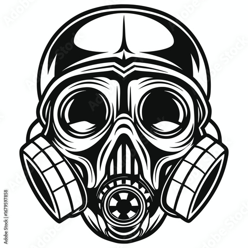 Stylized skull wearing a vintage gas mask with large circular lenses and cylindrical filters