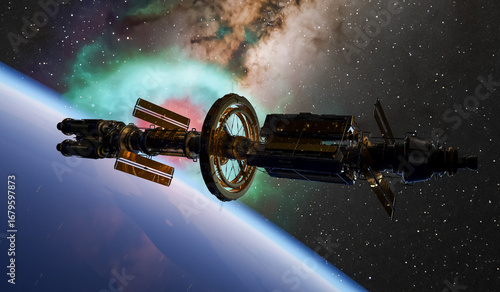 Tableau sur toile Futuristic Spacecraft in Orbit With Vibrant Cosmic Backdrop, 3D Rendering