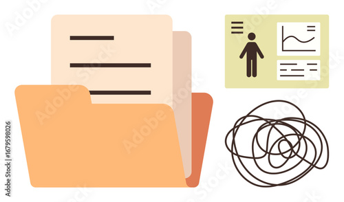Folder holding documents, a data chart with graphs and person icon, and tangled lines visualizing confusion. Ideal for organization, data analysis, decision-making, productivity, workflow, clutter