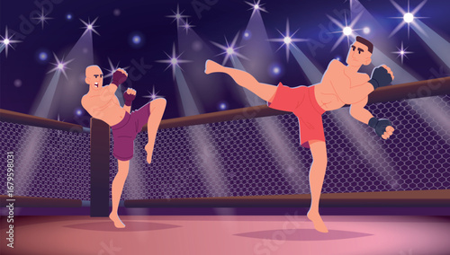 Fighters. Martial arts fighting on sport arena exact vector cartoon background with mma fighters