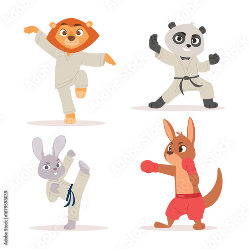 Martial arts animals. Dynamic action poses of different cute animal fighters in special sport uniform exact vector template set
