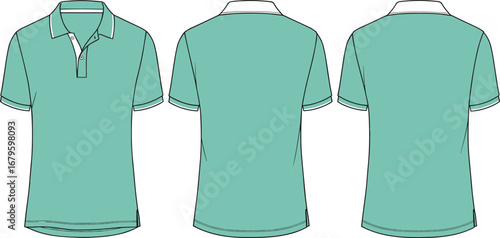 Polo shirt vector illustration with front, back, and side views, fashion flat sketch template, clothing design mockup, casual wear apparel outline drawing