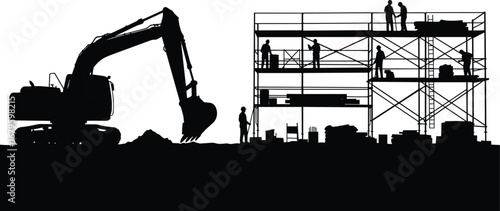 Construction site vector illustration with excavator, scaffolding, workers silhouette, building process, heavy machinery, industrial work, safety equipment, construction industry, black and white