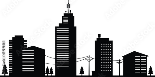 City skyline vector illustration with tall buildings, urban towers, modern apartments, electrical poles, trees, infrastructure, communication antennas, residential housing silhouette