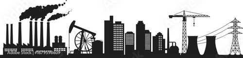 Industrial city skyline vector illustration with oil pump, factory chimneys, power plant, construction crane, electricity tower, urban buildings, energy production, pollution smoke silhouette