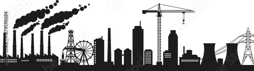 Industrial city skyline vector illustration with factories, chimneys, power plant, construction cranes, urban buildings, pollution smoke, electricity tower, energy production concept
