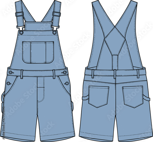 Vector illustration of denim dungaree shorts with adjustable straps, front pocket, back pocket design, casual unisex overalls flat fashion technical sketch