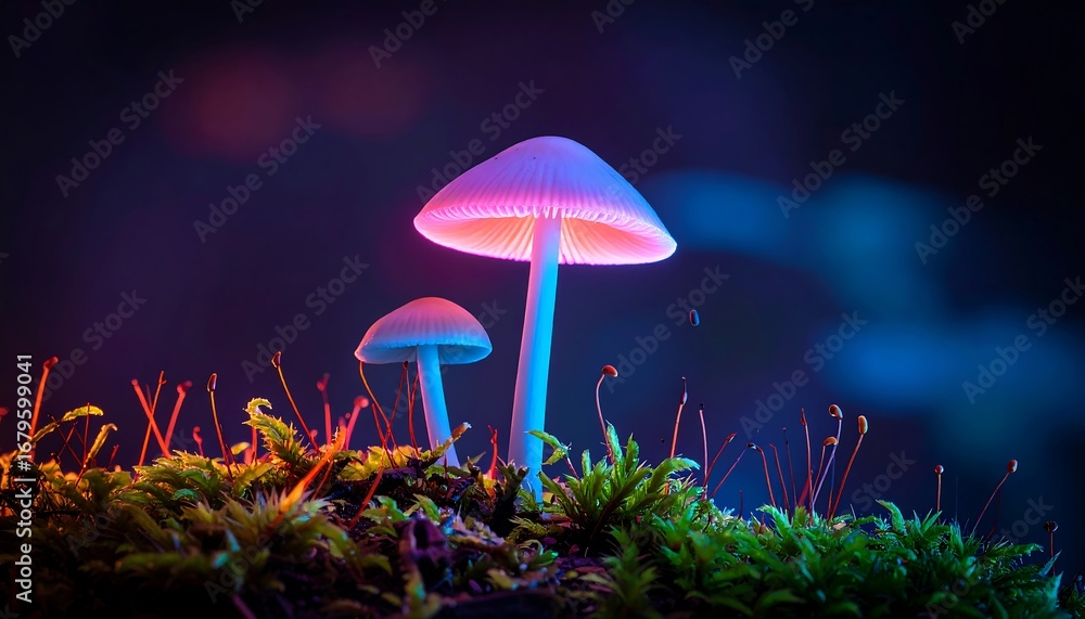 Fototapeta premium Two glowing mushrooms in vibrant pink and blue light on moss