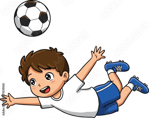 Cute cartoon boy playing football, happy child jumping to hit soccer ball, sports activity illustration, kids outdoor game, youth football training