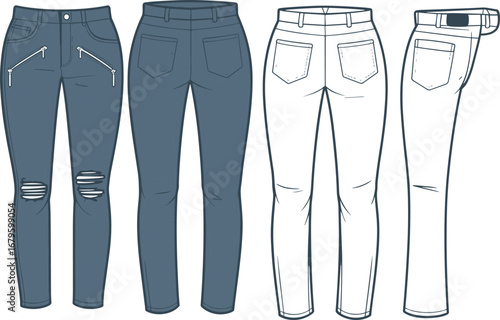 Vector illustration of skinny ripped jeans with zipper details, denim pants front back side view, fashion design flat sketch apparel template