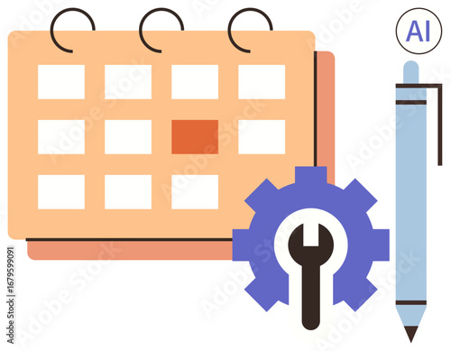 Calendar with highlighted date, blue gear with wrench, and pen denoting task scheduling, organization, planning. Ideal for productivity, teamwork, workflow, innovation technology time management