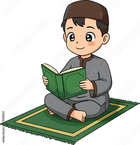 Cute muslim boy reading holy book while sitting on prayer mat, islamic child cartoon illustration, learning religion, education, spirituality artwork