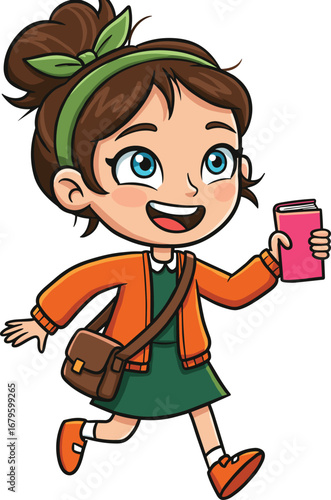 Cute cartoon schoolgirl walking happily, holding book in hand, smiling student character illustration, education concept design for children learning resources