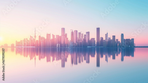 Wallpaper Mural Futuristic city skyline with sunrise reflection Torontodigital.ca