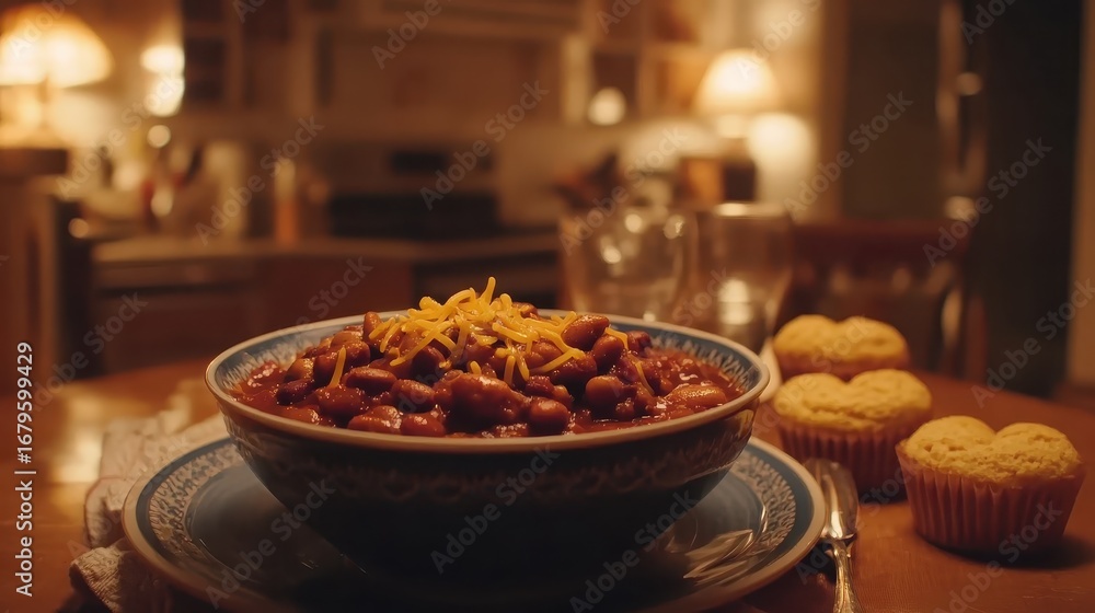 Fototapeta premium Warm Bowl of Chili with Cheese in Cozy Kitchen Setting at Night