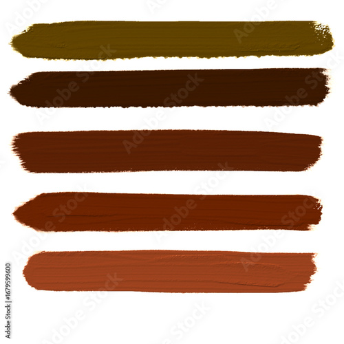 Five brown oil paint brush strokes on transparent background