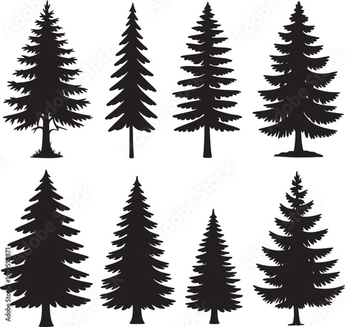 A festive evergreen forest illustration with stylized vector fir trees decorated for the Christmas and winter holiday season