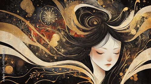 Virgo’s maiden drawn as an abstract curve resembling a flower, with subtle gold highlights. 