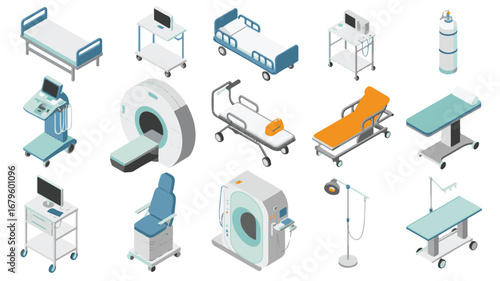 Collection of Isometric Medical Equipment and Hospital Furniture on White Background MRI scanner
